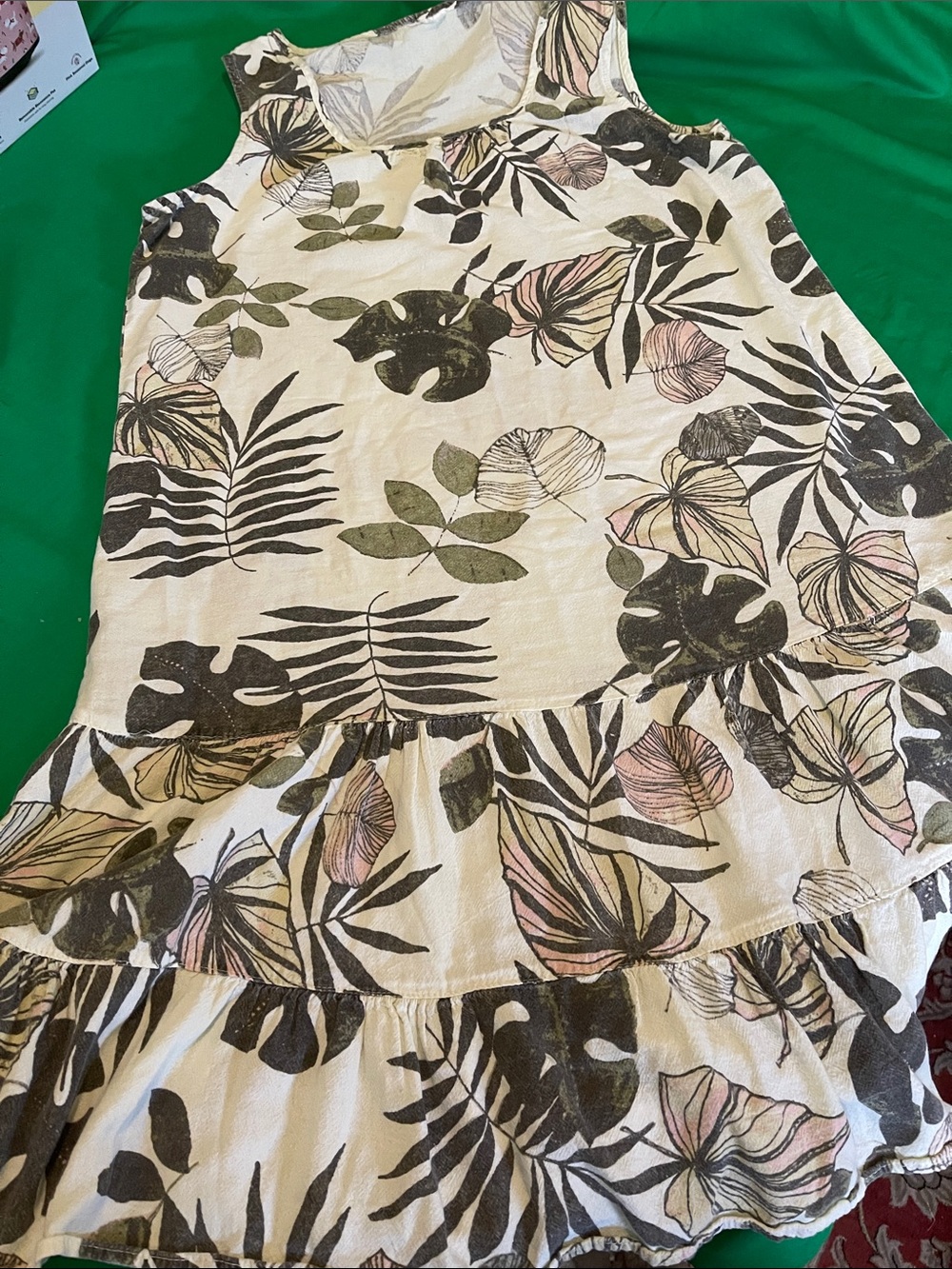 Floral Leaf Print Ruffle Hem Women's dress - Cream with Green & Pink